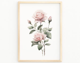 Blush Pink Rose Print, Botanical Flower Wall Art, Pink Flower Prints, Pink Botanical Flower Wall Decor, Watercolour, Bedroom Prints, Colour