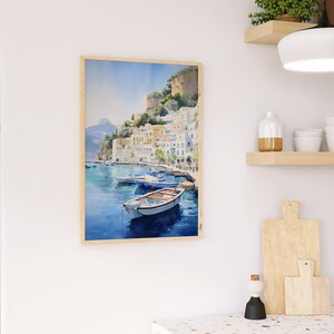 May include: A watercolor painting of a colorful Italian village on a cliffside overlooking a bay with boats in the water.