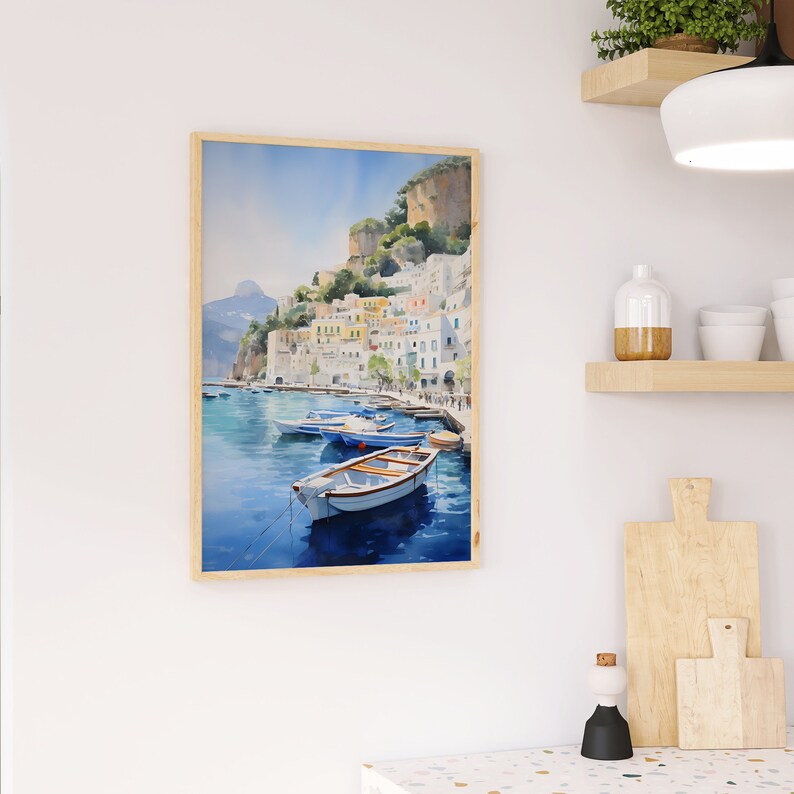 May include: A watercolor painting of a colorful Italian village on a cliffside overlooking a bay with boats in the water.