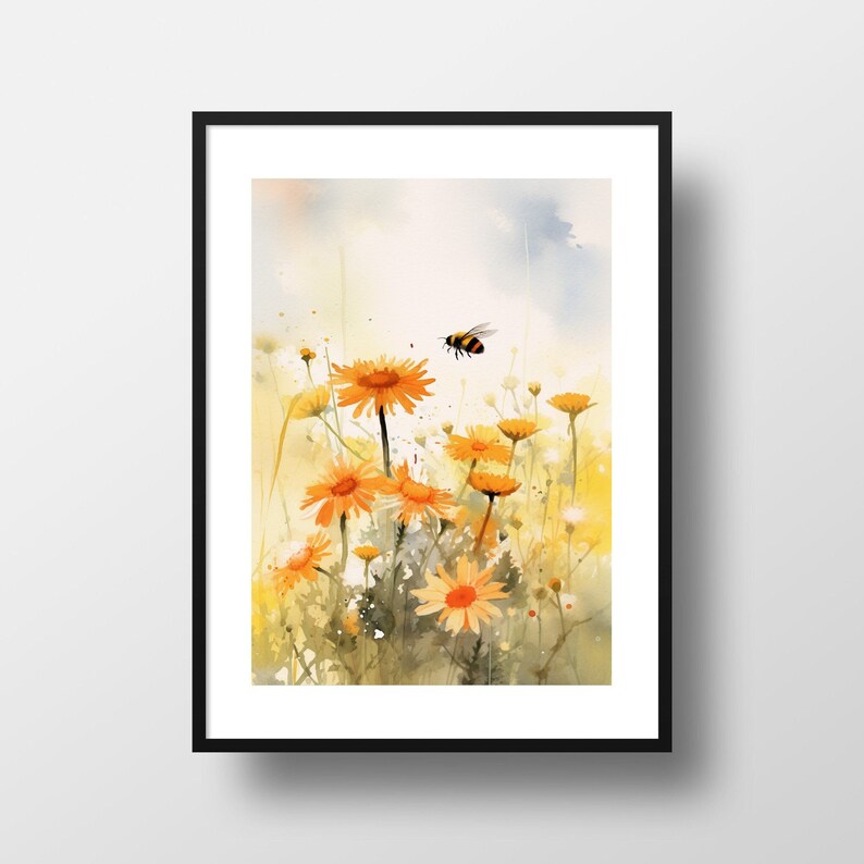 May include: Watercolor painting of a field of orange daisies with a flying bee. The artwork is framed in a black border. The flowers are in full bloom, with yellow and green foliage. The background is a soft blend of yellow and blue.
