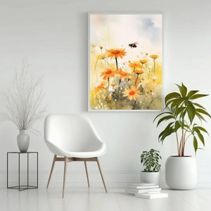 May include: Watercolor painting of orange daisies with a bee in flight, set against a soft yellow and blue background. The artwork is framed in a white border. The painting evokes a sense of nature and springtime.