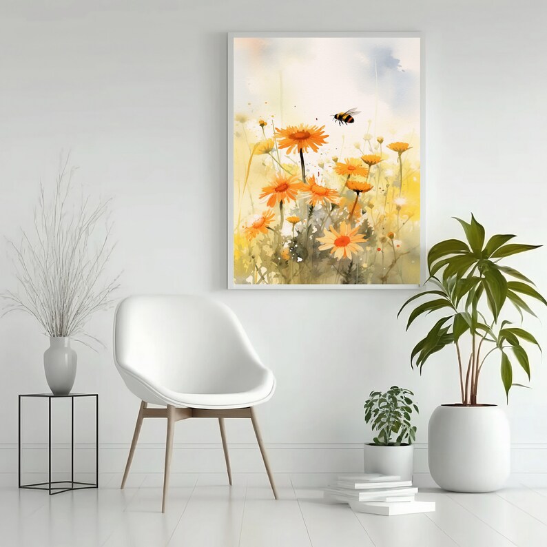 May include: Watercolor painting of orange daisies with a bee in flight, set against a soft yellow and blue background. The artwork is framed in a white border. The painting evokes a sense of nature and springtime.