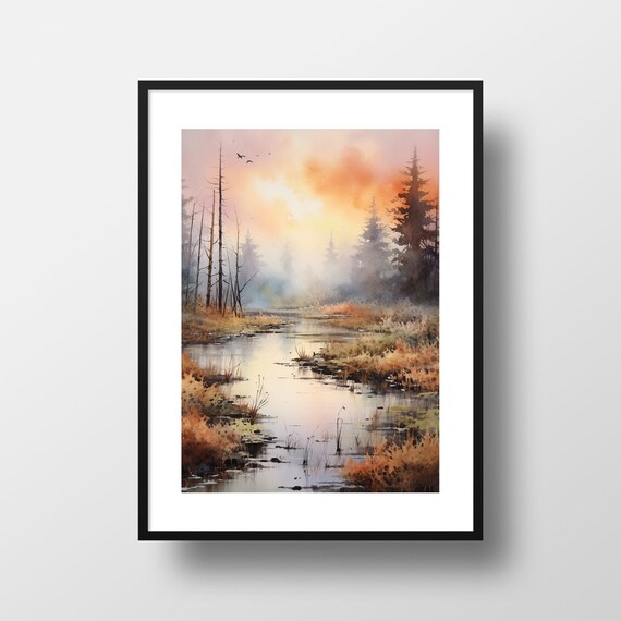 Serene Landscape Minimalist Art Print, Abstract Watercolour Home Decor, Affordable Wall Art Prints, Tranquil Scenic Painting, Modern Decor