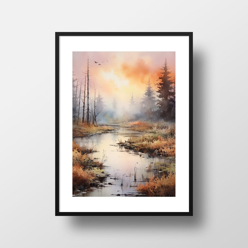 May include: A watercolor painting of a misty forest scene with a winding river in the foreground. The sky is a soft orange and pink, and the trees are silhouetted against the light.