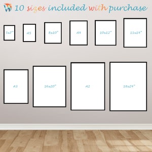 May include: A wall with 10 different sized frames, each with a white background and black frame. The frames are labeled with their dimensions in inches, such as 5x7", 8x10", 10x12", and 18x24".