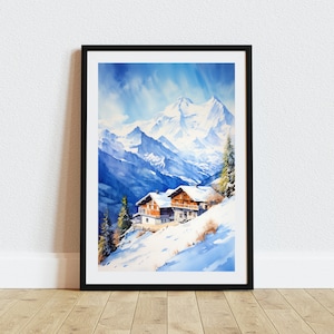Swiss Alps Print, Switzerland Travel Print Watercolour Art, Mountain Wall Art, Travel Gift, Switzerland Poster Print, Housewarming Gift