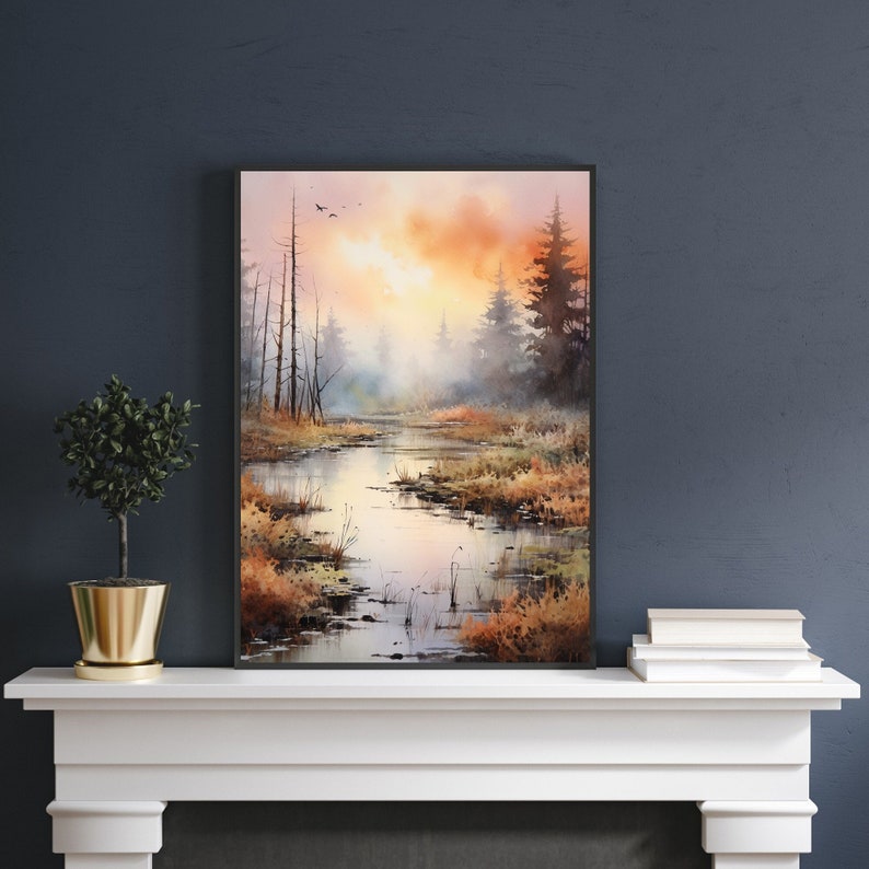 May include: Watercolor painting of a misty forest scene with a stream running through it. The trees are mostly bare, with some leaves still clinging to the branches. The sky is a soft orange and pink, with a few clouds.
