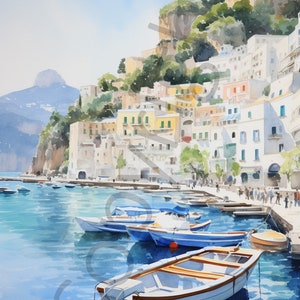 May include: A watercolor painting of a colorful Italian village nestled on a cliffside overlooking a calm blue harbor. Several small white and blue boats are docked in the harbor.