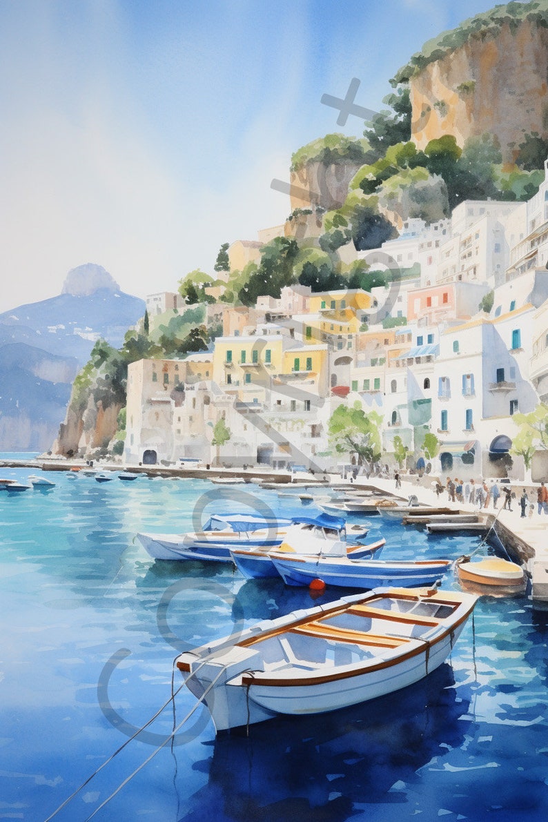 May include: A watercolor painting of a colorful Italian village nestled on a cliffside overlooking a calm blue harbor. Several small white and blue boats are docked in the harbor.