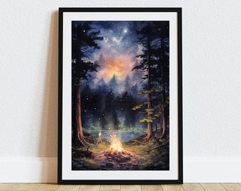 Watercolour Forest Landscape Printable, Forest Trees Wall Art, Printable Wall Art, Nature Decor, Bonfire Painting, Magical Forest, Unframed