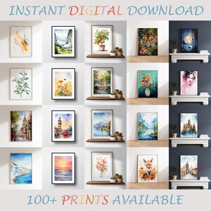 May include: A collection of framed art prints featuring watercolor paintings of landscapes, flowers, animals, and cityscapes. The prints are displayed on shelves and include the text "INSTANT DIGITAL DOWNLOAD" and "100+ PRINTS AVAILABLE".