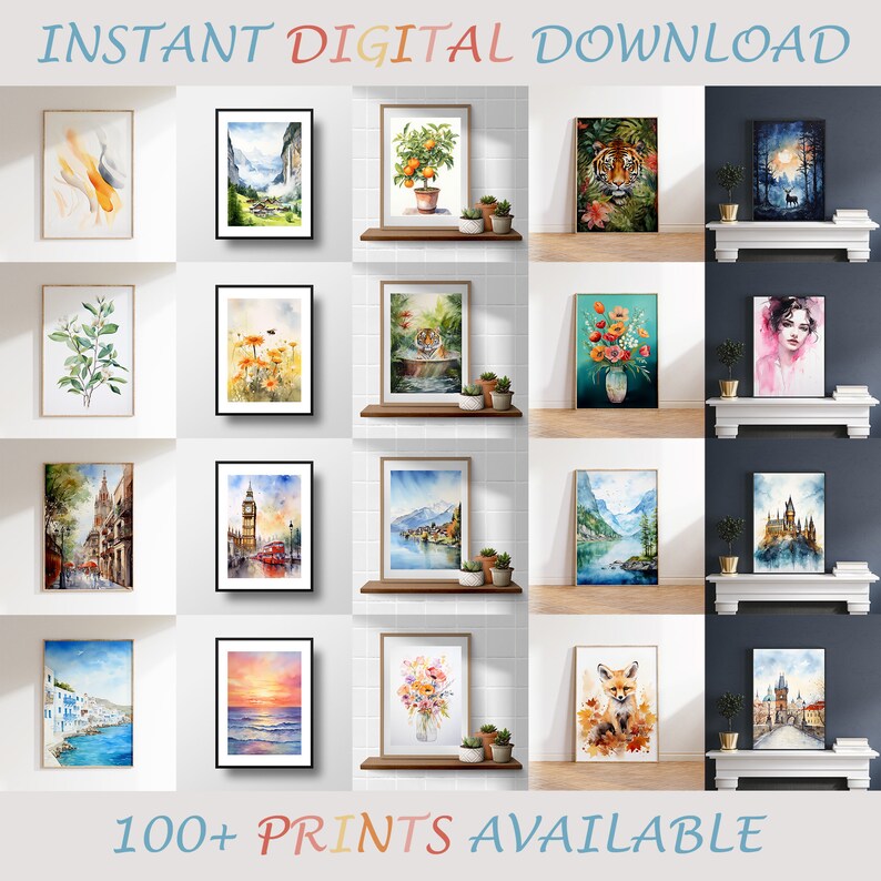 May include: A collection of framed art prints featuring watercolor paintings of landscapes, flowers, animals, and cityscapes. The prints are displayed on shelves and include the text "INSTANT DIGITAL DOWNLOAD" and "100+ PRINTS AVAILABLE".