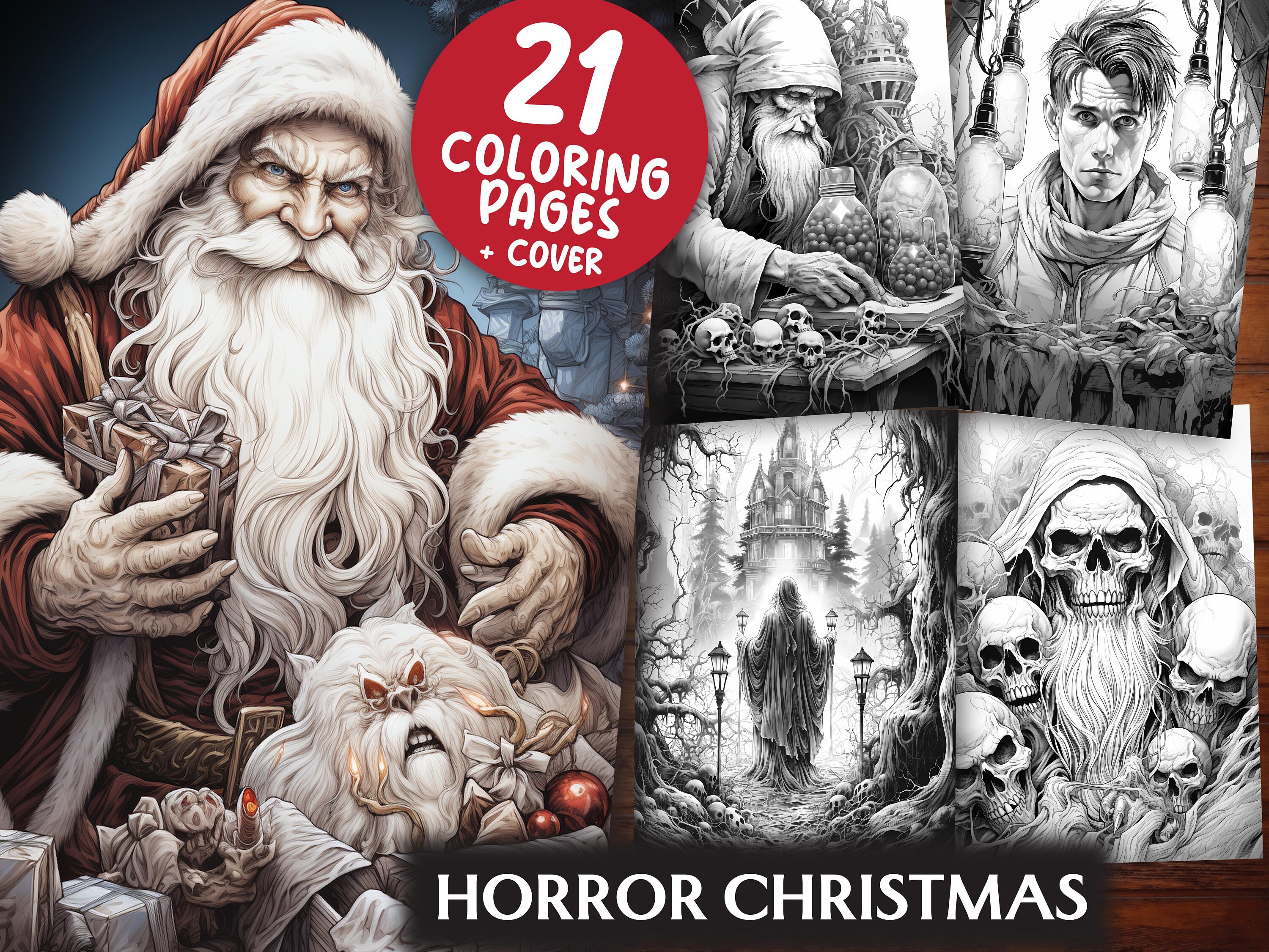Horror Christmas Coloring Pages for Adults and for Kids 21 Grayscale ...