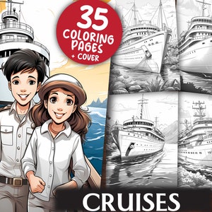Cruise Travel Coloring Pages for Adults and Kids - 35  Ship Grayscale & Light Printable PDFs - Colouring Book - Digital Download