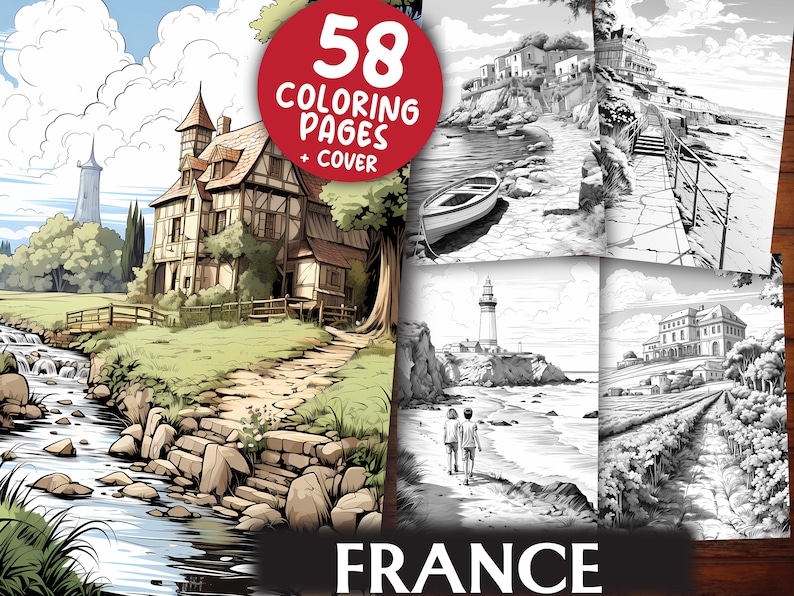 France Travel Coloring Pages for Adults and Kids 58 Geography Grayscale
