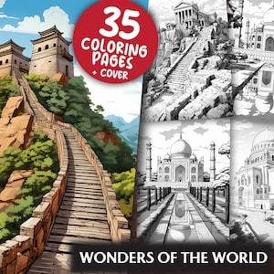 Wonders of the World Coloring Pages for Adults and Kids - 35  Geography Grayscale & Light Printable PDFs - Colouring Book - Digital Download