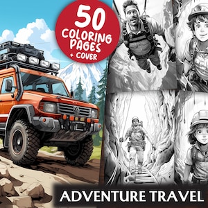 Adventure Travel Coloring Pages for Adults and Kids - 50 Action Grayscale & Light Printable PDFs - Colouring Book - Digital Download
