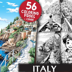 Italy Travel Coloring Pages for Adults and Kids - 56  Geography Grayscale & Light Printable PDFs - Colouring Book - Digital Download