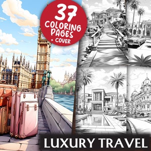 Luxury Travel Coloring Pages for Adults and Kids - 37 Vacation Grayscale & Light Printable PDFs - Colouring Book - Digital Download