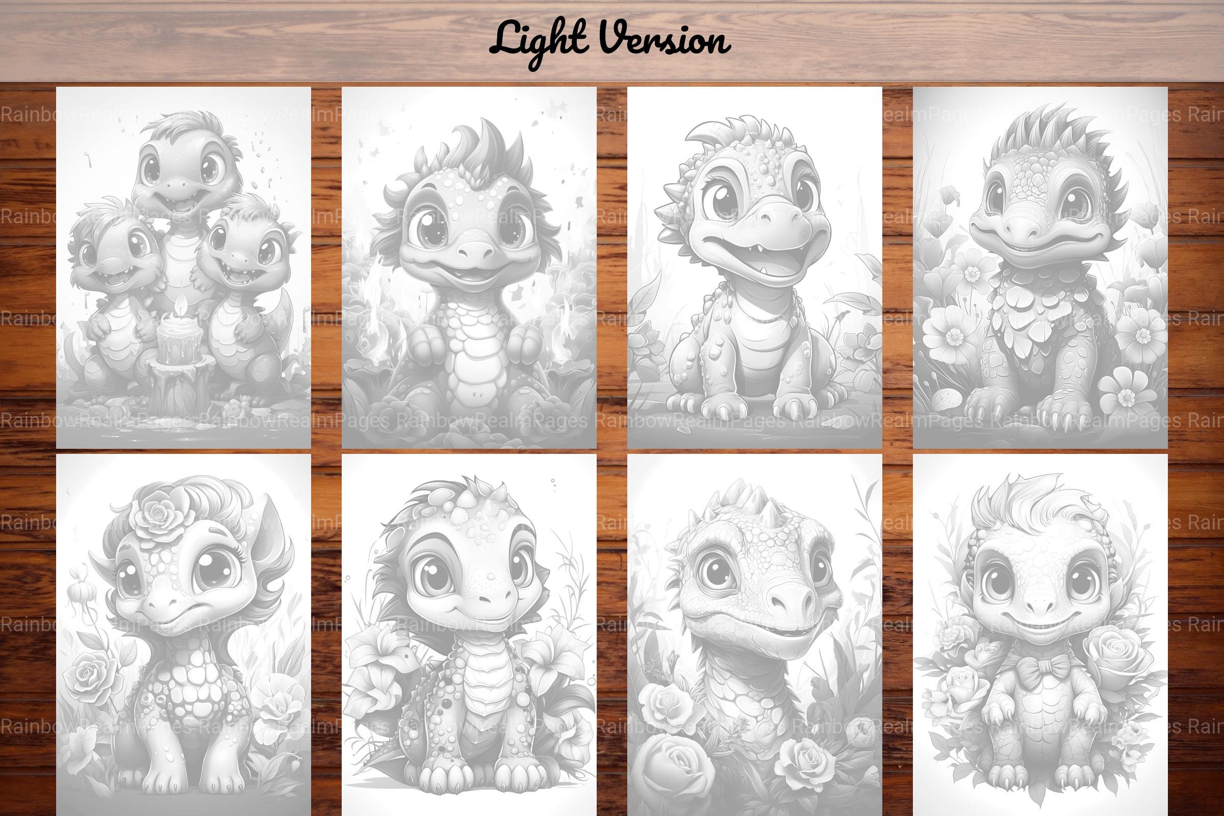 Kawaii Dino Coloring Pages for Adults and Kids 36 Dinsoraur Grayscale