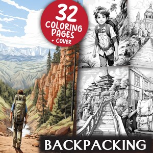 Backpacking Travel Coloring Pages for Adults and Kids - 32  Geography Grayscale & Light Printable PDFs - Colouring Book - Digital Download