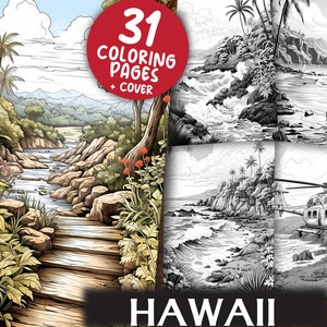 Hawaii Travel Coloring Pages for Adults and Kids - 31  Geography Grayscale & Light Printable PDFs - Colouring Book - Digital Download
