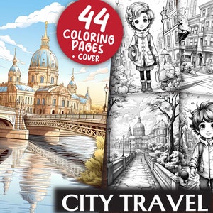 City Travel Coloring Pages for Adults and Kids - 44 Geography Grayscale & Light Printable PDFs - Colouring Book - Digital Download