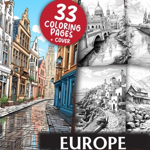 Europe Travel Coloring Pages for Adults and Kids - 33  Geography Grayscale & Light Printable PDFs - Colouring Book - Digital Download