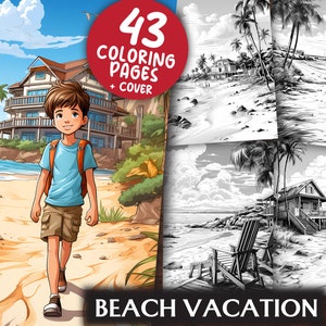 Beach Vacation Coloring Pages for Adults and Kids - 43  Geography Grayscale & Light Printable PDFs - Colouring Book - Digital Download