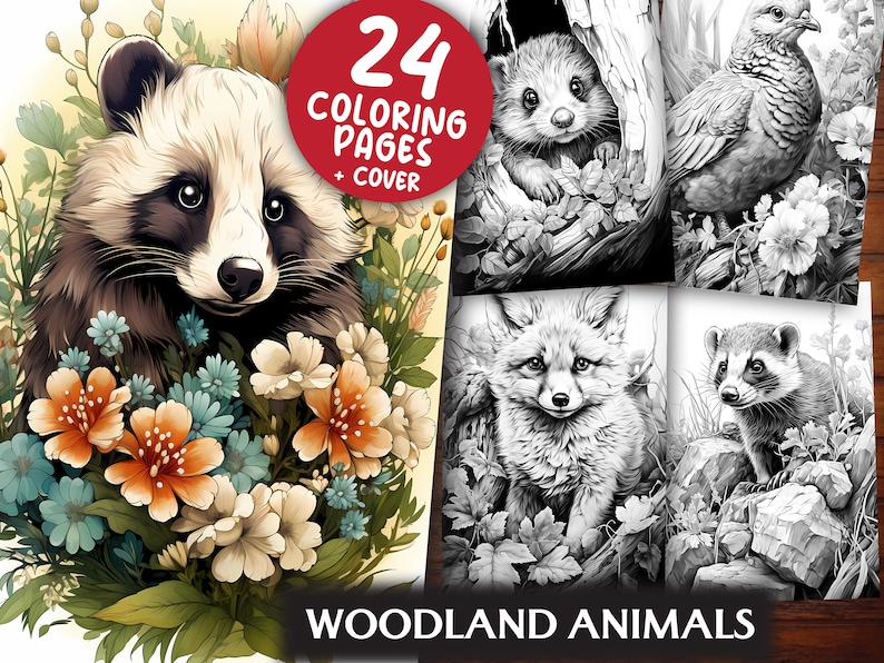 Woodland Animals Coloring Pages for Adults and for Kids 24 Grayscale