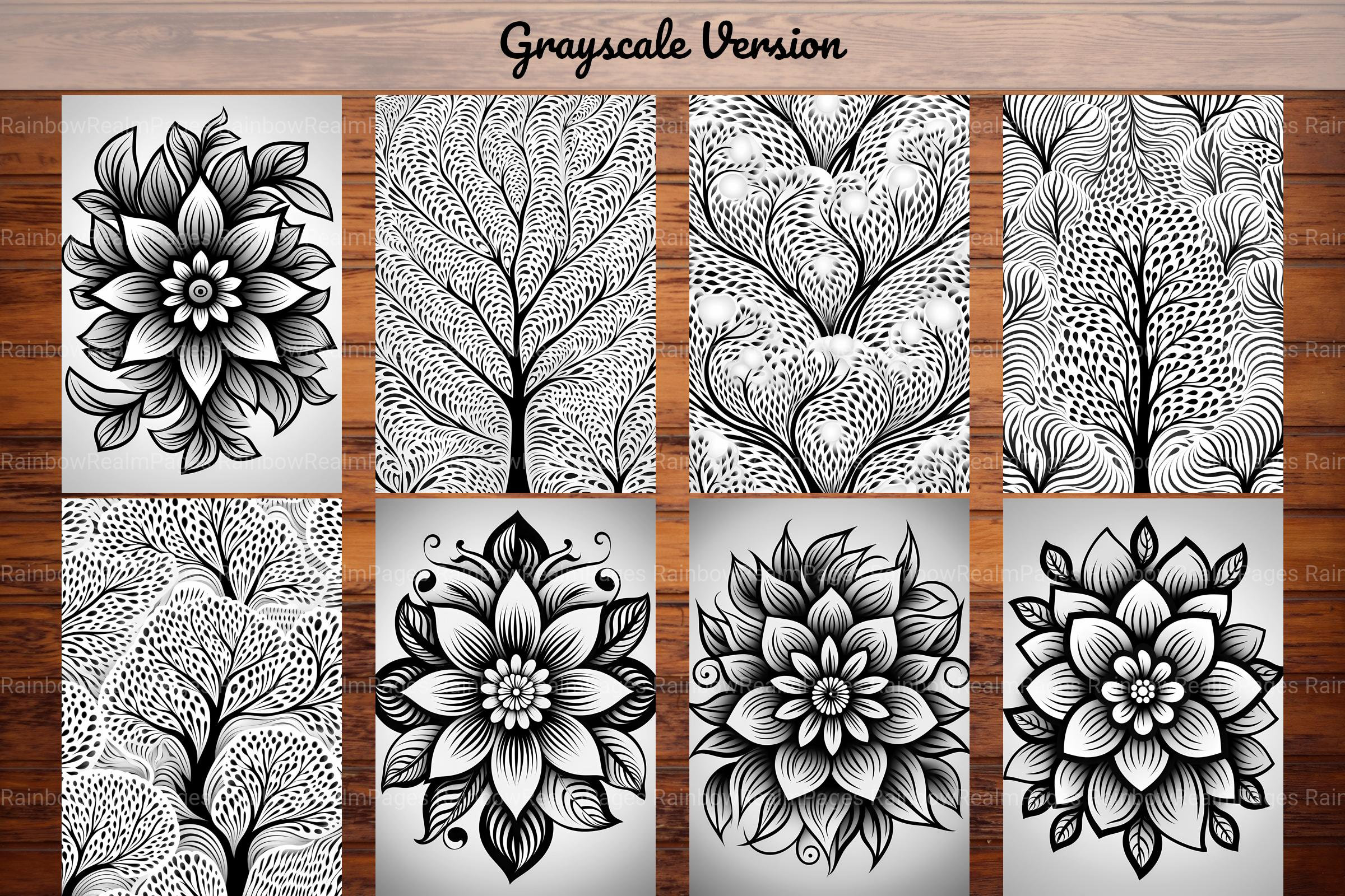 Nature Mandala Coloring Pages for Adults and for Kids 55 Grayscale ...