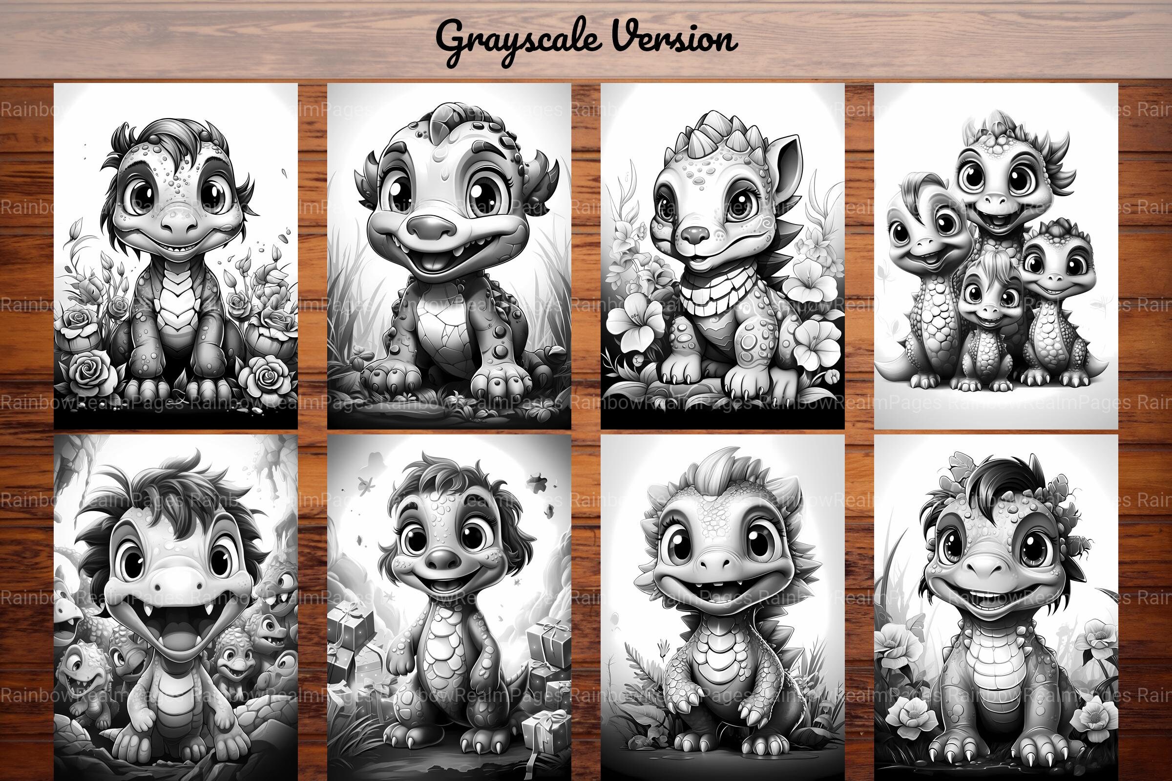 Kawaii Dino Coloring Pages for Adults and Kids 36 Dinsoraur Grayscale