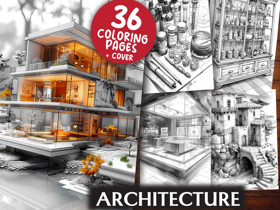 Architecture Coloring Pages for Adults and for Kids 36 Grayscale ...