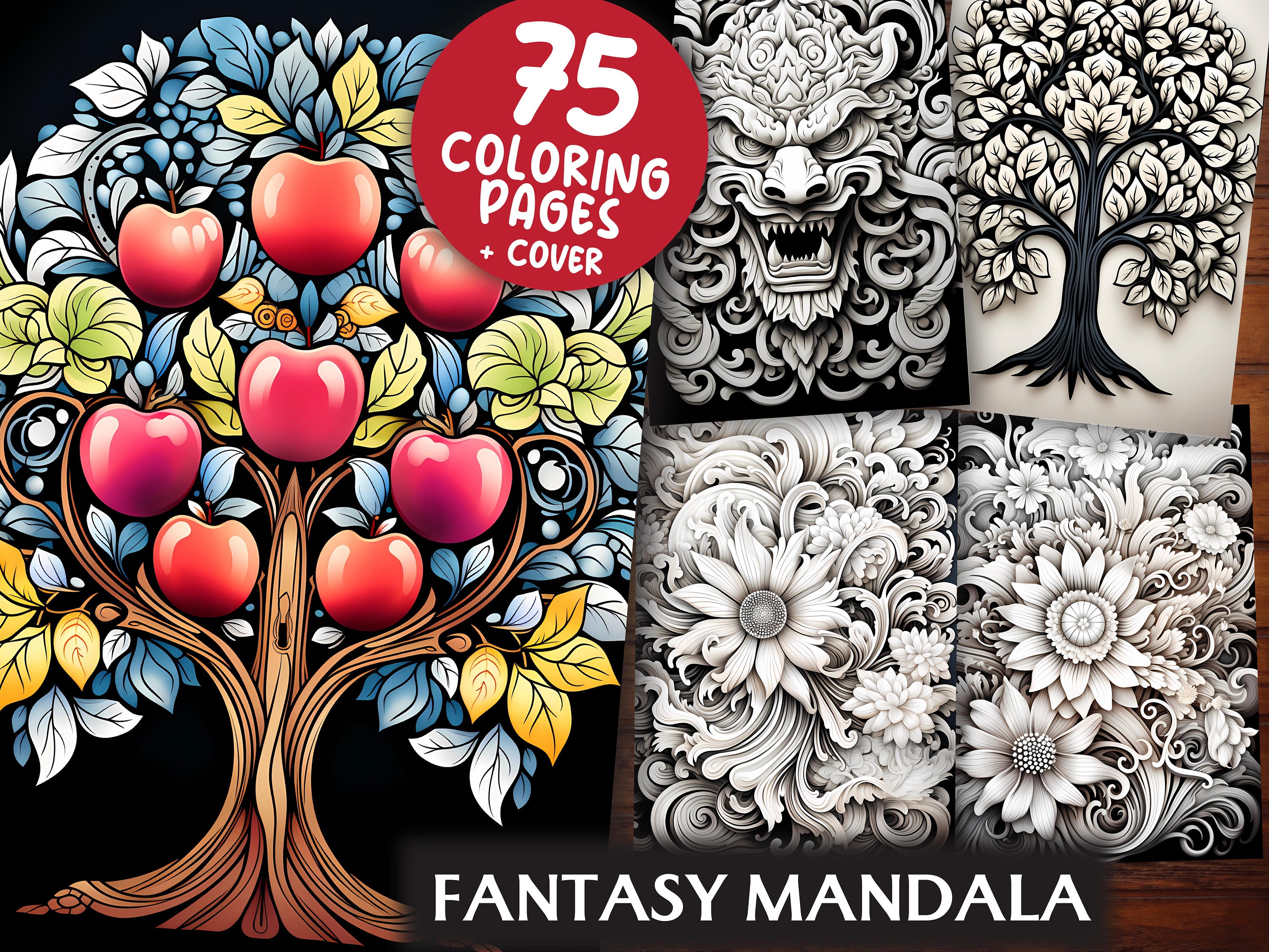 Fantasy Mandala Coloring Pages for Adults and for Kids 75 Grayscale ...