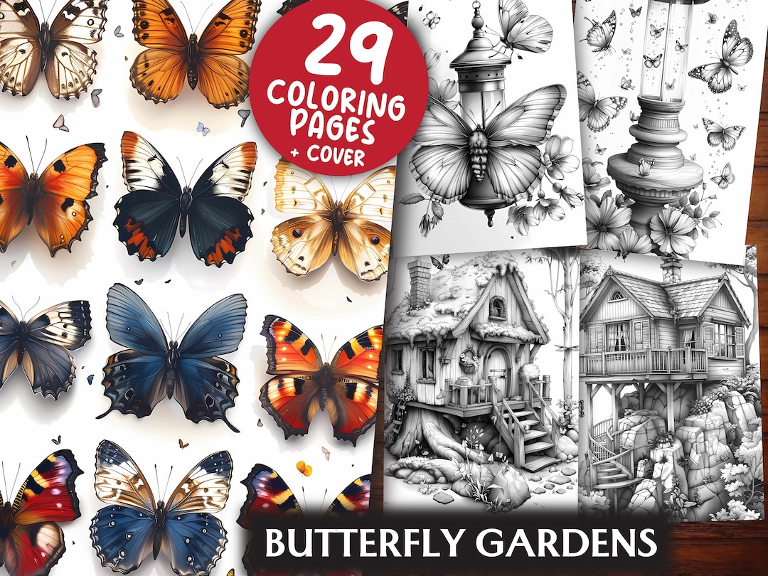 Butterfly Gardens Coloring Pages for Adults and for Kids 29 Grayscale ...