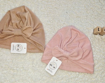 Handmade baby soft jersey turbans, pink/ beige ages newborn up to 6 years. Head covering, hat, hair accessory