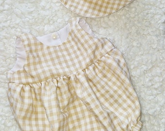 Gender neutral romper, bucket hat, gingham romper, summer outfit