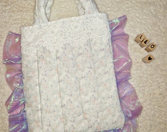 Handmade ditsy floral quilted frilly tote bag with crochet trim. School bag. Baby change bag. Shopping bag. Birthday gift