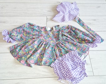 Girls boho summer outfit. Hippie, festival style outfit. Party outfit. Mushroom print summer blouse. Handmade girls gingham bloomers