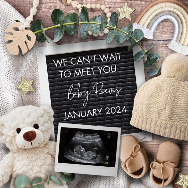 Digital Boho Pregnancy Announcement Social Media, Gender Neutral Baby, Editable DIY Template, Letter Board, Canva