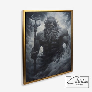 Affiche d&#39;art de l&#39;époque grecque en niveaux de gris Oeuvre de Poséidon, décoration murale contemporaine pour la maison, art mural atmosphère grecque, cadeau nouveau départ pour hôtel