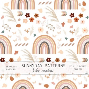 Boho Rainbow Seamless Pattern, Seamless Designs, Printable Crafting Paper, Floral Design, Rainbow Design, Boho Background, Seamless File