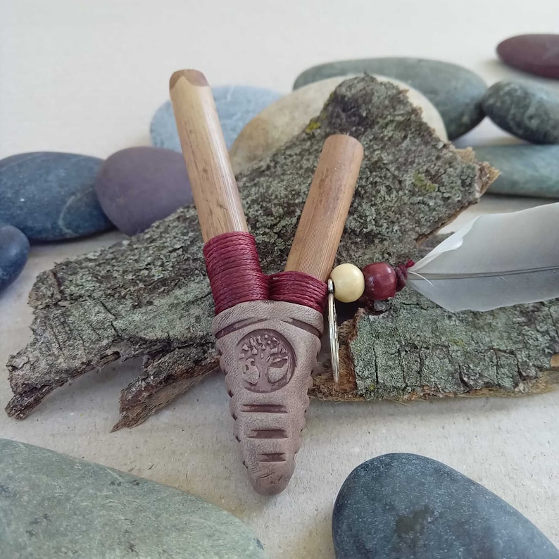 Devi Handmade Kuripe shamanic pipe with the Ohm and magpie feather Nose Fitting Red