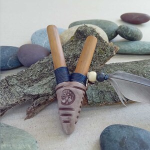 Devi Handmade Kuripe shamanic pipe with the Ohm and magpie feather Nose Fitting Blue
