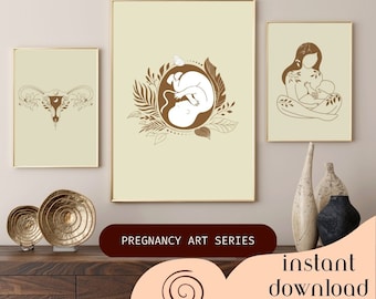 May include: Three printable art prints in a pregnancy art series. The prints feature a stylized uterus, a fetus in the womb, and a mother breastfeeding a baby. The prints are in brown and white on a cream background.