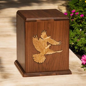 Walnut Companion Urn: Love Birds Inlay, Memorial Ash Storage