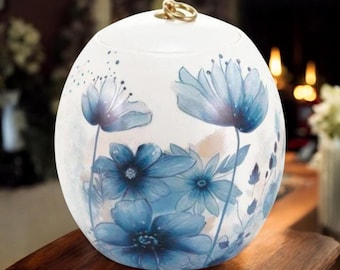 Blue Floral Cremation Urn: Pearl White Ceramic Memorial Urn