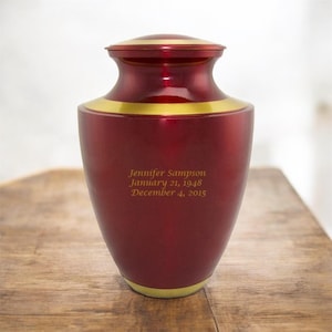 Cremation Urn Rich Crimson & Gold Banded Personalized Memorial Keepsake Urn for Ashes