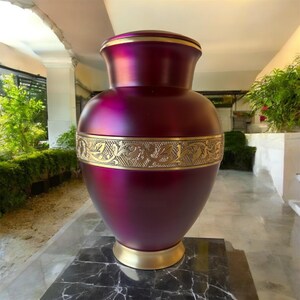 Rich Purple Brass Cremation Urn with Gold Leaf Design | Personalized Memorial Urn