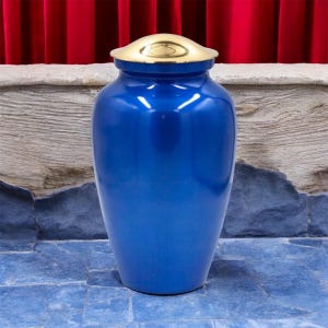 Ocean Blue Alloy Cremation Urn: Polished Brass Lid, Full Size